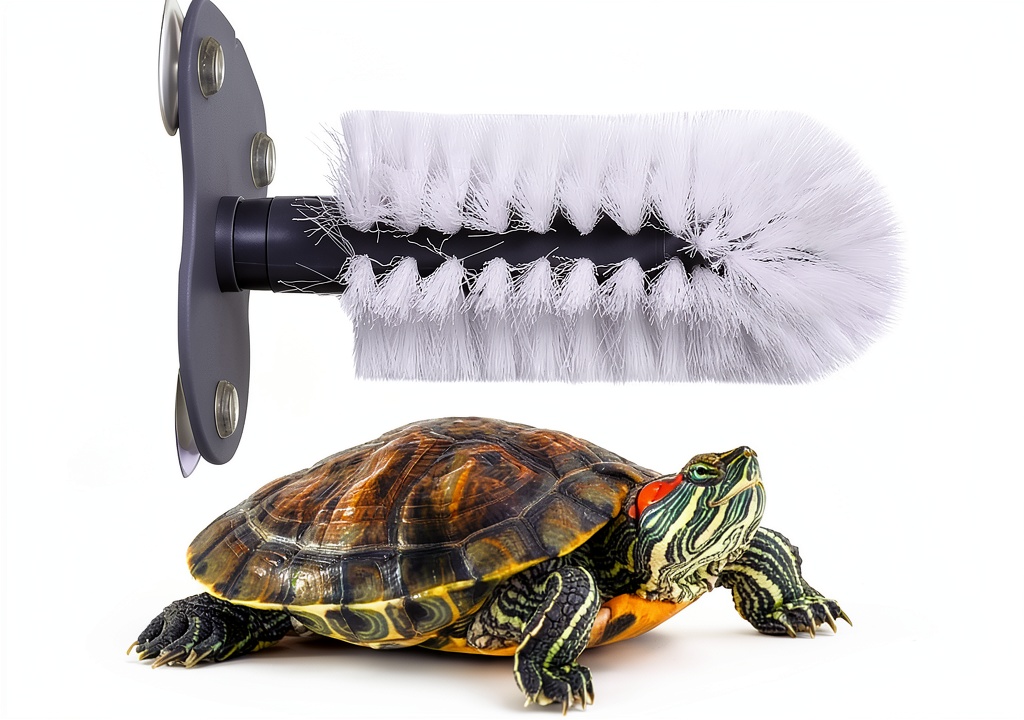 Turtle brushing its shell against the NYYYSM silicone brush attached to a glass tank