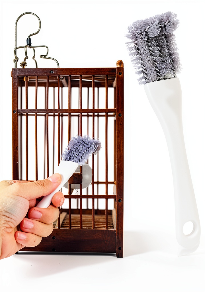 Penitue Bird Cage Brush being used inside a parrot cage