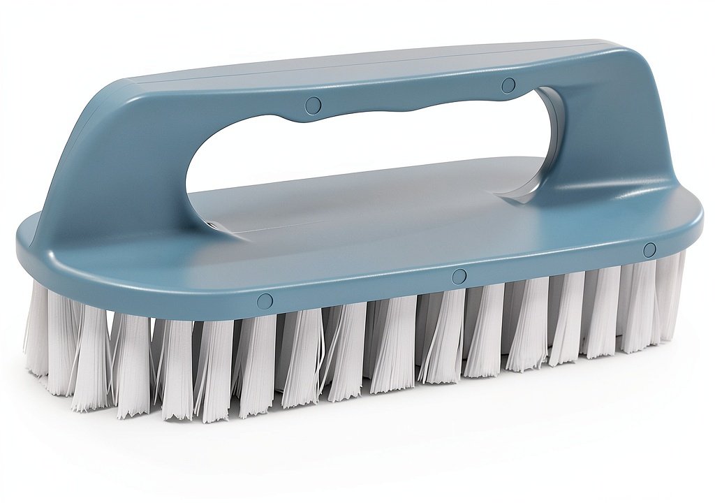 Owltron blue grout brush being used in a bathroom shower